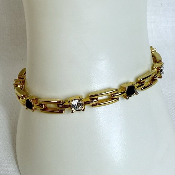 Gold Tone Link Bracelet with Black & Clear Rhinestones 6.75" - Picture 1 of 6